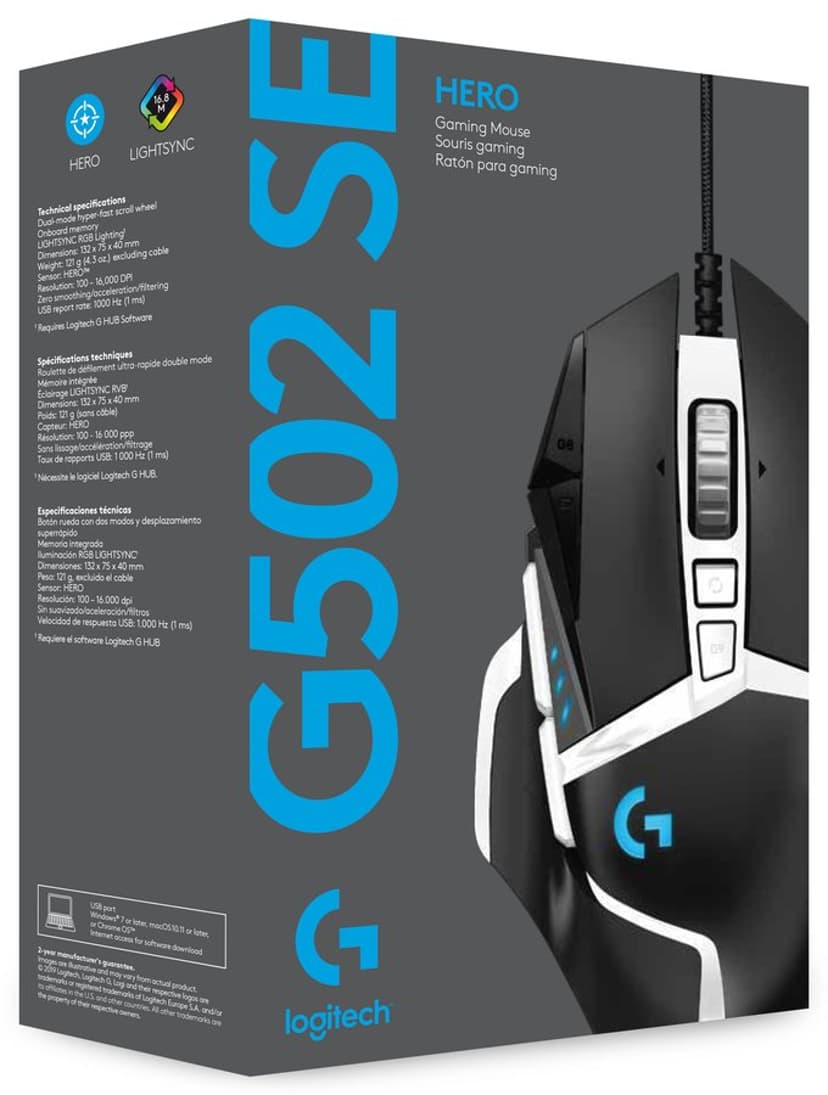 Logitech Gaming Mouse G502 (Hero) Kabelansluten 16,000dpi Mus Svart, Vit