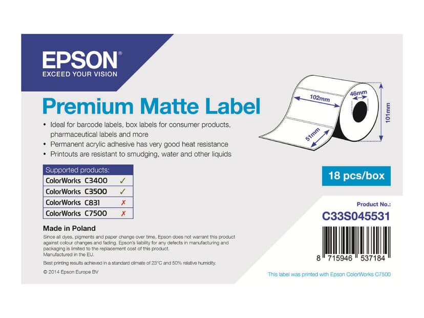 Epson Labels Prem Matt Die-Cut 102mm x 51mm - C3500