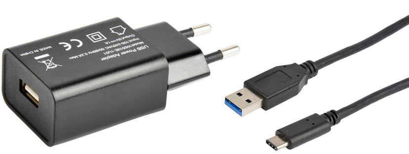 Cirafon Strømadapter 1xUSB 230V 5V 1.5A + Kabel USB-C 1M Svart
