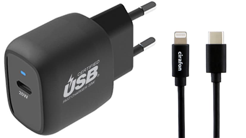 Cirafon Power Delivery 20 + USB-C To Lightning 1m Svart