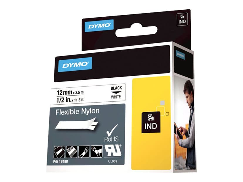 Dymo Tape RhinoPRO Flex Nylon 12mm Sort/Hvid