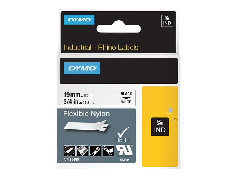 Dymo Tape RhinoPRO Flex Nylon 19mm Sort/Hvid