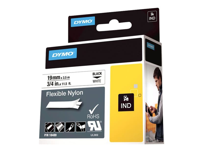 Dymo Tape RhinoPRO Flex Nylon 19mm Sort/Hvid