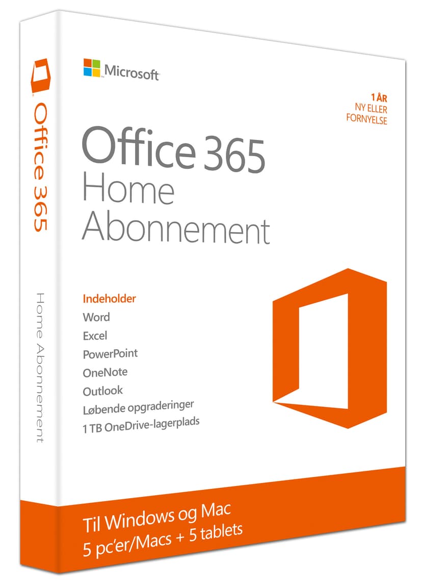 Microsoft Office 365 Home Dansk 1ÅR ABONNEMENT