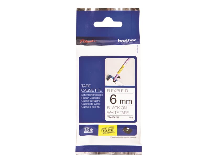 Brother Tape TZE-FX211 6mm Sort/Hvid Flexible