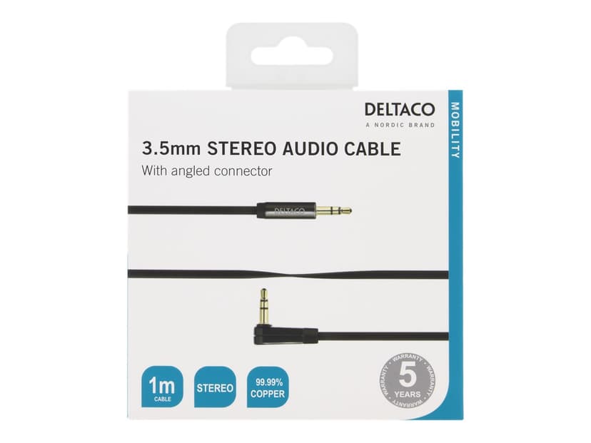 Deltaco AUDIO 3.5MM MALE - 3.5MM MALE ANGLED 1m 3,5 mm-ministereojakk Hann 3,5 mm-ministereojakk Hann
