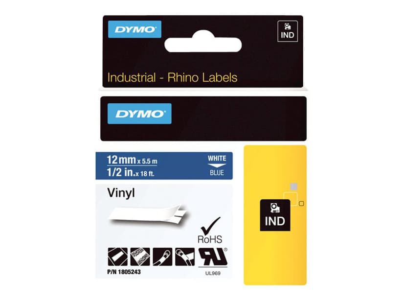 Dymo Tape RhinoPRO Perm Vinyl 12mm Hvid/Blå