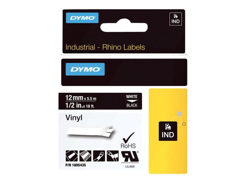 Dymo Tape RhinoPRO Perm Vinyl 12mm Hvit/Svart