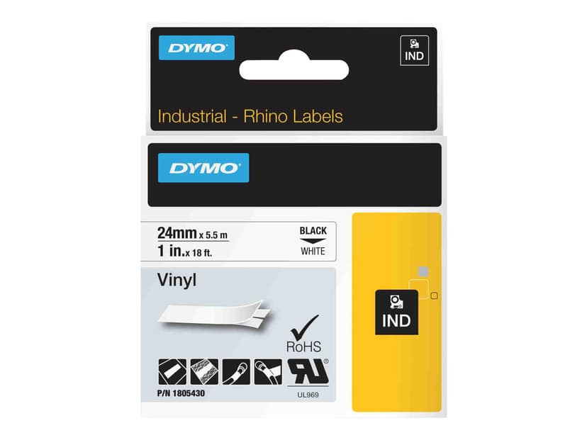 Dymo Tape RhinoPRO Perm Vinyl 24mm Sort/Hvid