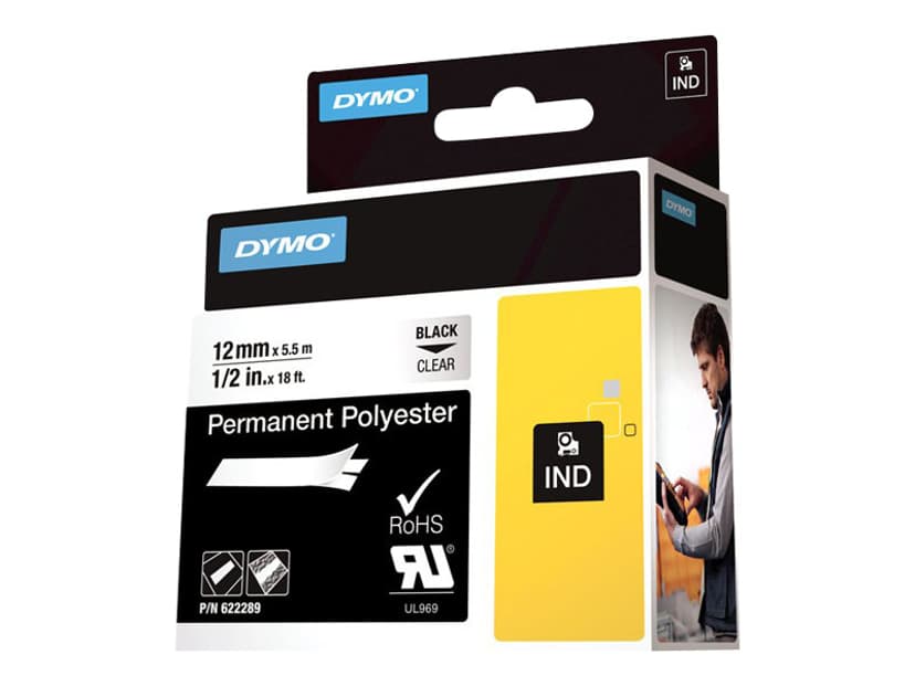 Dymo Tape RhinoPRO Perm Polyester 12mm Sort/Transparent