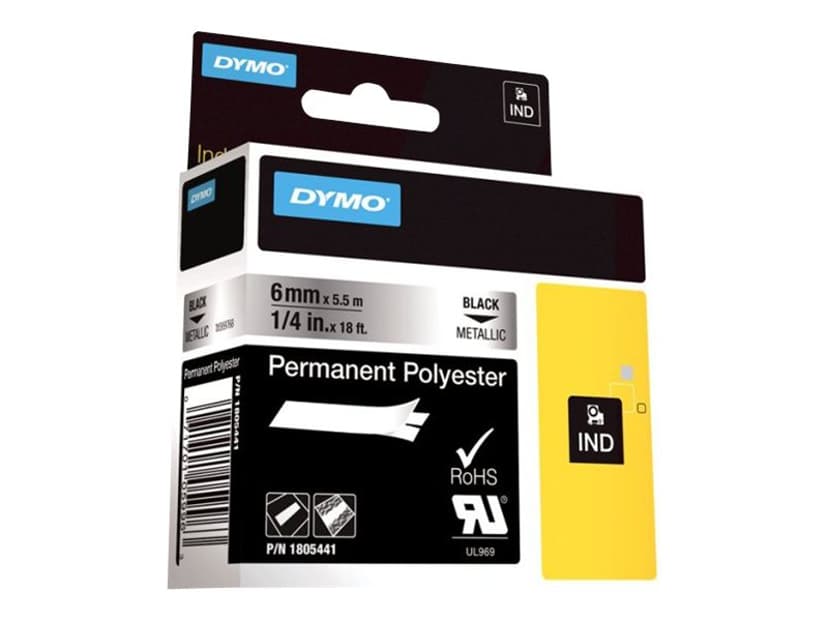 Dymo Tape RhinoPRO Perm Polyester 6mm Sort/Metallic
