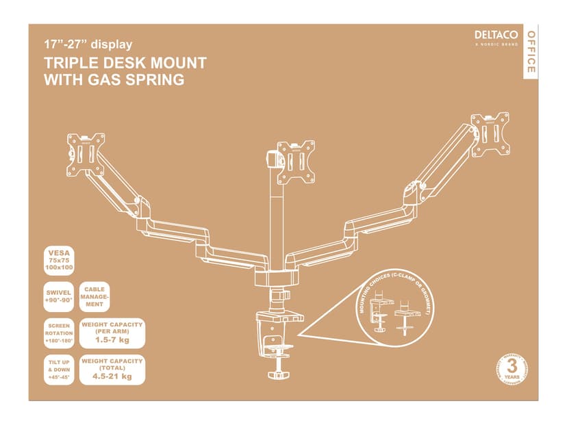 Deltaco Tripple Desk Gas Spring 17-27" 1.5-8Kg 75X75/100x100