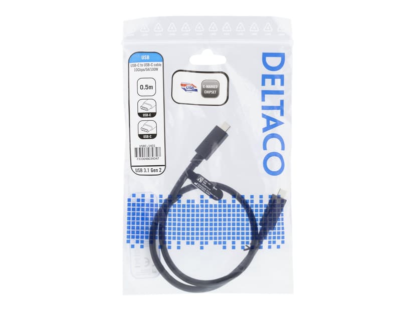 Deltaco USB-C kabel 100W 0.5m 24-stifts USB-C Hane 24-stifts USB-C Hane