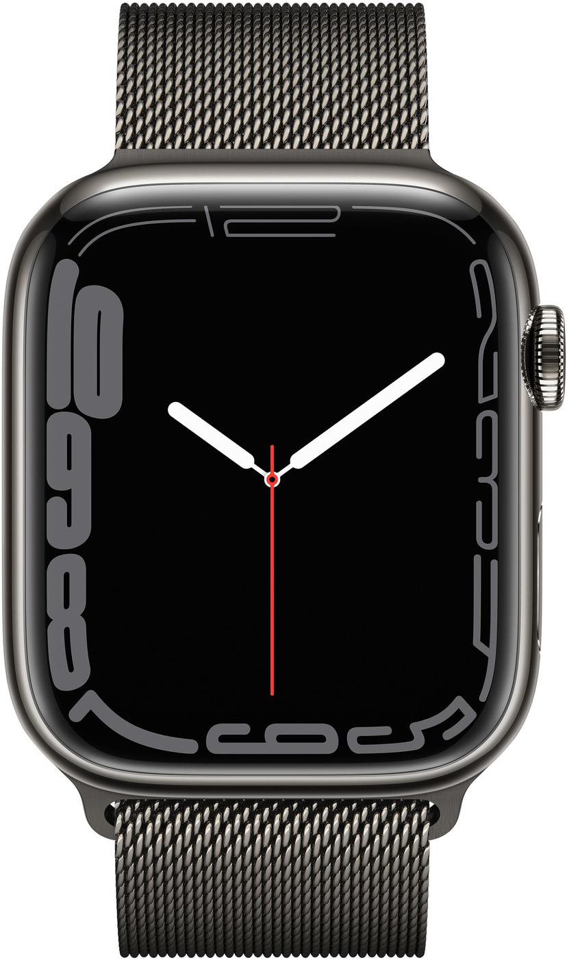 Apple Watch Series 7 GPS + Cellular, 45 mm Urkasse i grafitgråt rustfrit stål med graftigrå milanorem