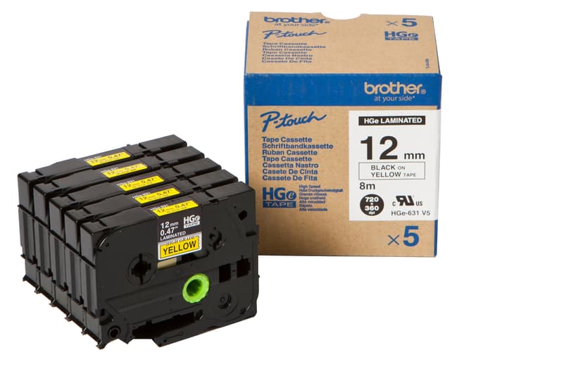 Brother Tape HGE-631V5 12mm Black/Yellow 5-Pack